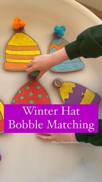 Easy Learning & Play Activities on Instagram: "Winter Hat Bobble Matching This is such a fun matching activity and great for strengthening fine motor skills. Use bottle tops with pom poms stuck on and screw them on to the correct coloured hat. #christmasactivitiesforkids #christmascrafts #xmasactivities #recycleandplay #recyclemeplay #playbasedlearning #learningthroughplay #preschooler #toddler #finemotorskills #finemotoractivity #learningcolors #earlyyearseducation #diyplayideas #simpleplay Hats Activities For Preschool, Hat Activity, Preschool Hat, Playbased Learning, Christmas Play, Christmas Activities For Kids, Early Math, Matching Activity, Preschool At Home