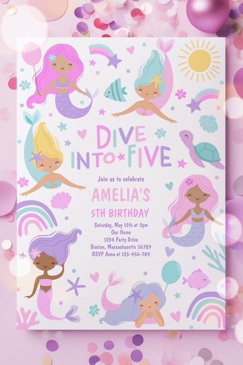 Mermaid Under The Sea Dive Into Five 5th Birthday Invitation Girl Birthday Themes 5th, Fifth Birthday Party, 5th Birthday Invitation, Birthday Party Girl, Fifth Birthday, Magical Birthday, Mermaid Under The Sea, Girl Birthday Themes, Bday Ideas