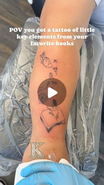 KRISTINA FIGUEROA | BAY AREA TATTOO ARTIST on Instagram: "Where are my book lovers at? This was such a cute and creative idea! My client picked little elements from each of her favorite books and we put it together into one piece to make it look like they were floating out of the book. I love the flow of this, and the little image of her sitting on the books :)

Would you get a book inspired tattoo?" Book Inspired Tattoos, Apple Tattoo, Creative Idea, Get A Tattoo, Tattoo Artist, Bay Area, Tattoo Artists, A Book, Favorite Books