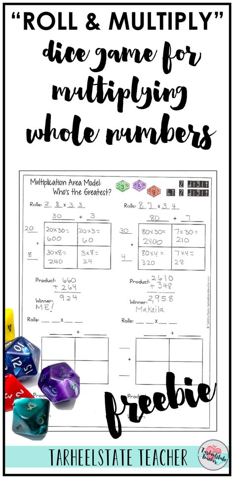 Looking for a free game to help your students learn to multiply whole numbers and to make your multiplication unit more fun and rigorous for your 4th or 5th graders? Using the "Roll and Multiply" dice game your students can practice the area model for multiplication or the standard algorithm. Multiple printables included at different levels of multiplicaton so you have exactly what you need to differentiate. Grab your free differentiated multiplication game for multiplying whole numbers and get Area Model Multiplication Activities, Area Model Multiplication, Multiplication Game, Area Model, Multiplication Activities, Multiplication Practice, Whole Numbers, Elementary Teaching, Math Multiplication