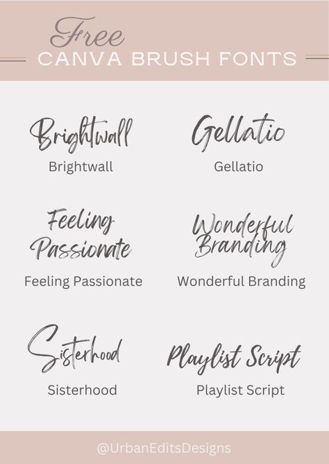 Calligraphy brush fonts to use on Canva for free. Brightwall, Gellatio, Feeling Passionate, Wonderful Branding, Sisterhood, Playlist Script..#HolidayFonts #FreeHolidayFonts #FestiveFonts #FontFreebies #ChristmasFonts Script Fonts Alphabet, Tattoo Script Fonts, Free Calligraphy, Fonts Handwriting Alphabet, Fonts Lettering, Canva Font, Feminine Fonts, Holiday Fonts, Brush Script Fonts