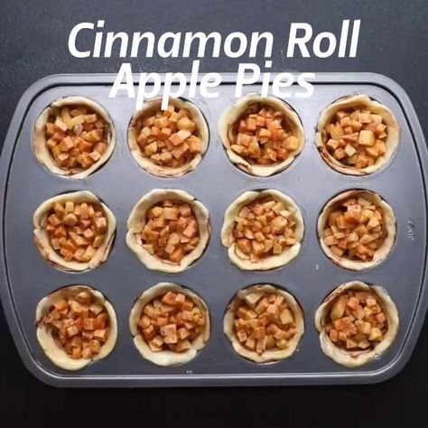 Easy Muffin Tin Cinnamon Roll Apple Pies | cinnamon roll, apple pie, autumn, muffin | With fall just around the corner, these are a must-try! | By Twisted Mini Apple Pies In Muffin Tin Cinnamon Roll, Apple Pie In Muffin Tin, Cinnamon Roll Apple Pie Cups, 2023 Desserts, Apple Pie Tarts, Apple Pie Muffins, Cinnamon Roll Apple Pie, Cinnamon Desserts, Apple Pastry