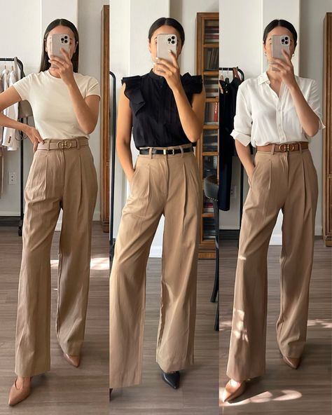 Beige Pant Work Outfits, Tailored Beige Pants, Beige Wide Leg Dress Pants, High Waisted Cream Pants Outfit, Tan Dress Pants Women, Tan Tapered Pants Outfit, Casual Work Outfits Beige Pants, Beige Dressy Pants Outfit, Fall Outfits With Beige Pants