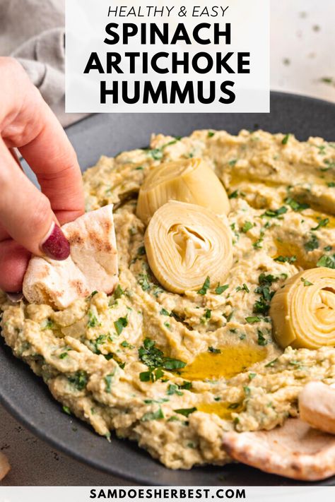 The BEST of both worlds! Super easy and ultra delicious spinach artichoke hummus. One of my all-time favorite healthy snacks or appetizers! Spinach Artichoke Hummus Recipe, Spinach Hummus Recipe, Artichoke Hummus Recipe, Artichoke Hummus, Hummus Healthy, Best Hummus Recipe, Eggplant Recipes Easy, Hummus Recipe Homemade, Hummus Dip