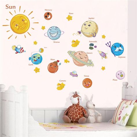 Solar System Cartoon Wall Stickers For Kids Rooms Stars Outer Space Planets Earth Sun Saturn Mars Poster Mural School Decor Decals Wall Stickers Decals Walls From Cnshoppingmall06, $4.36| DHgate.Com Solar System Cartoon, Diy Mural Art, Tata Surya, Space Wall Decals, Girls Wall Stickers, Wall Stickers For Kids, Diy Mural, Nursery Stickers, Diy Wall Decals