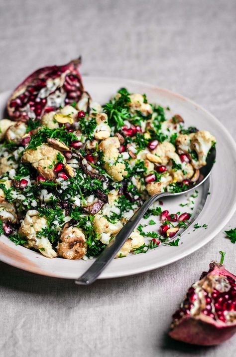 Ottolenghi Simple Recipes, Ottolenghi Cauliflower, Salads Winter, Cauliflower Pomegranate, Sustainable Meals, Raw Cauliflower Salad, Otto Lenghi, Rice Lentils, Yotam Ottolenghi Recipes