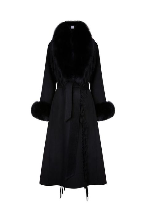 Black Cashmere Coat, Fringe Coat, Fringe Coats, Black Fox, Fur Collar Coat, Fox Fur Coat, Coat Design, Coat Black, Cashmere Coat