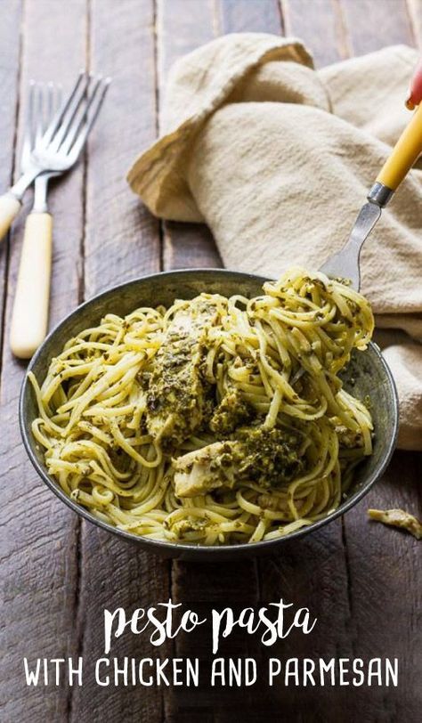 Skip the unhealthy additives with this Pesto Pasta with Chicken and Parmesan recipe—it’s made with just four simple, all-natural ingredients and one Select by Calphalon™ pan for minimal clean-up. Simply toss Barilla® linguine with pesto, Parmesan cheese, and succulent NatureRaised Farms® Grilled Chicken. This will easily become your new favorite weeknight dinner recipe! Linguine Pesto Recipes, Chicken Pesto Linguine Recipe, Pesto Linguine Pasta, Pesto Pasta With Chicken, Pesto Linguine, Bake Shrimp, Shrimp Linguine, Pasta With Chicken, Pasta Al Pesto