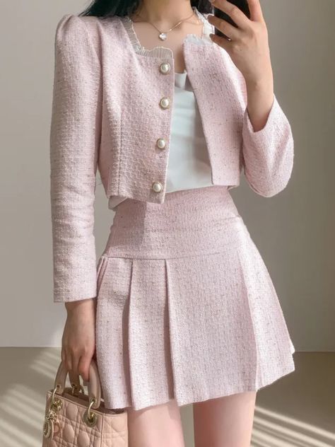 High Quality Korean Fashion Two Piece Set For Women Autumn Sweet Long Sleeve Short Jacket Coat + Grey Blue Suit, Costume Beige, Rok Mini, Tweed Shorts, Middle Age Fashion, Pink Suit, Full Dress, Short Coat, Short Jacket