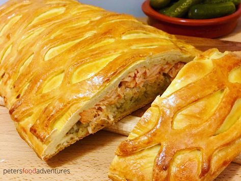 Salmon Coulibiac - Kulebyaka - Peter's Food Adventures Salmon Coulibiac, Cabbage Pie, Salmon Pie, Yeast Dough Recipe, Cabbage Varieties, Lithuanian Recipes, Yeast Dough, Rustic Recipes, Farmers Cheese