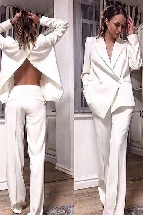 White Pantsuit, Suit Jumpsuit, White Suit, Pant Suits, Backless Top, Fashion Suits, Pants Suit, Sport Chic, Suit Fashion