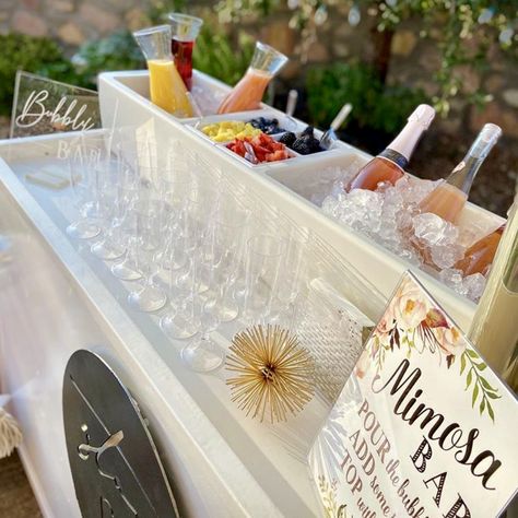 Wedding Favors, Gifts & Decor - REVO Coolers | Wedding Chicks Revo Party Barge Ideas, Cold Food Display Ideas, Champagne Set Up Parties, Mimosa Bar Cart Ideas, Mimosa Cart Bar, Mimosa Station Ideas, Mimosas Bar Ideas, Mimosa Cart, Mimosas Bar