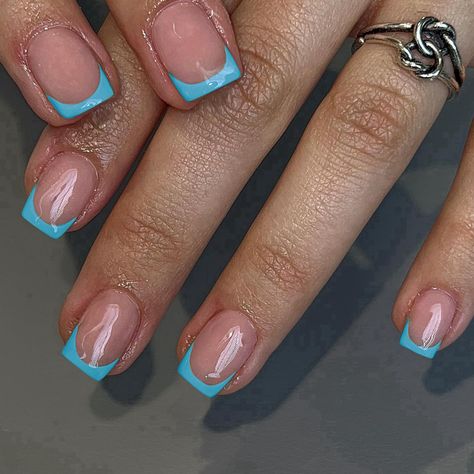 PRICES MAY VARY. How Natural They Are: These sky blue French press on nails square nails designs look very natural,with a perfect that fits your nail bed,and a nude pink base color that gives the appearance of real nails.French tip press ons nails Red can create your own fingertip art and make your nails your fashion statement!With short press on nails French tip,you can achieve a natural, elegant look without the salon visit High Quality Flawless Salon Nails: Short nails glue on nails set are m Baby Blue Short Square Nails, Spongebob Nails Short, Turquoise Short Nails, Short Gel X Nails Square, Cruise Nails Mexico, Sky Blue Nails Short, Short French Tip Acrylic Nails Almond, Blue Tip Nails French Manicures, Short Blue French Tip Nails