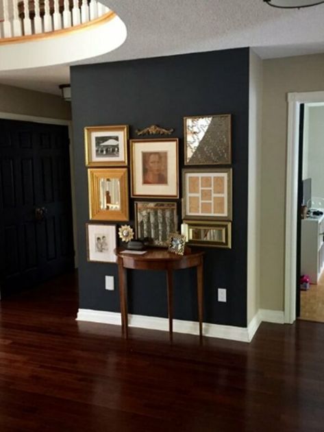 Wrought Iron Benjamin Moore, Black Accent Wall Living Room, Iron Family, Benjamin Moore Wrought Iron, Wrought Iron Paint, Dining Room Accent Wall, Demilune Table, Wall Color Combination, Dining Room Paint Colors