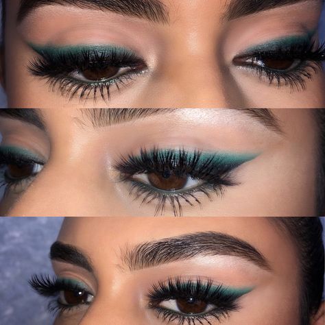 Emerald Green Eyeshadow Quince, Formal Nails For Emerald Green Dress, Emerald Green Formal Dress Makeup, Eye Makeup For Teal Dress, Prom Makeup Looks For Teal Dress, Emerald Green Homecoming Makeup, Black And Teal Makeup, Emerald Eye Makeup For Prom, Quinceanera Emerald Green Makeup