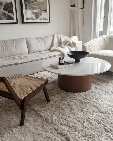 Modern Chic Coffee Table, Marble Circular Coffee Table, Round Marble Wood Coffee Table, Round Coffee Marble Table, Coffee Table Round Marble, Marble Wood Living Room, Coffee Table White Marble, How To Style A Round Marble Coffee Table, Scandinavian Coffee Table Decor