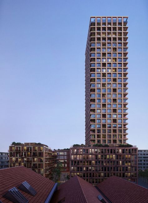 Schmidt Hammer Lassen unveils design for world's tallest timber building Timber Tower, Wooden Skyscraper, Danish Architecture, Timber Buildings, Wood Building, Timber Structure, Timber Construction, Red Roof, Winterthur