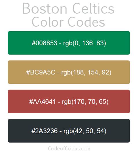 Boston Celtics Team Color Codes Rgb Color Palette, Boston Celtics Team, Ideas Apuntes, Boston Celtics Logo, Logo Color Schemes, Celtics Logo, Pallet Color, Hockey Bedroom, Wild Hockey