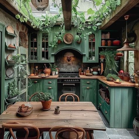 Farmhouse Kitchen Green, Witchy Kitchen, Pastel Boho, Kitchen Green, Fall Kitchen Decor, Dream Kitchens Design, Green Cabinets, Fall Kitchen, Dream House Rooms