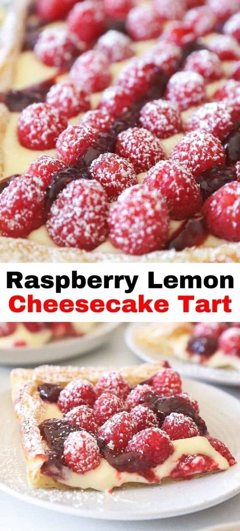 Savor the perfect blend of tartness and sweetness with our Raspberry Lemon Cheesecake Tart, where a buttery crust meets a luscious lemon cheesecake filling crowned with vibrant raspberries. If you're craving this delectable dessert and more mouthwatering recipes, don't forget to follow us for culinary inspiration that will amaze your taste buds. Dessert Recipes Raspberry, Raspberry Lemon Cheesecake, Lemon Cheesecake Tarts, Raspberry Tart Recipe, Lemon Raspberry Cheesecake, Cheesecake Tart, Pumpkin Dump Cake Recipe, Lemon Tart Recipe, Puff Pastry Crust