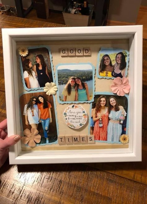 Shadow Box Ideas Best Friend, Shadow Box For Best Friend, Scrabble Shadow Box Ideas, Shadow Box Ideas For Friends, Sister Shadow Box Ideas, Friendship Shadow Box Ideas, Shadow Box Picture Ideas, Sorority Shadow Box Ideas, Memory Shadow Box Ideas