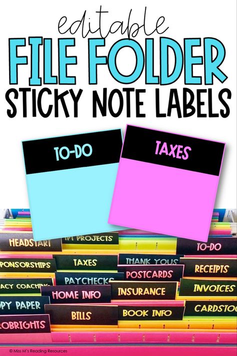 Enhance your organizing in school or at home with these easy-to-use sticky note labels for file folders. Print directly on sticky notes to organize your classroom and home! #missmsreadingresources #missmskindergarten #backtoschool #classroomorganization #organization #filefolder #stickynotes #labels #editable Sticky Notes Ideas, Vibes Classroom, Organizing Notes, Office Finds, Classroom Library Organization, Office Organizing, Classroom Organization Elementary, Notes Plan, Teaching Organization