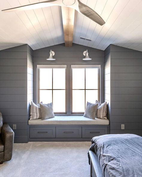 Dark Painted Shiplap, Boys Loft Bedroom, Bonus Room Bedroom, Painted Shiplap, Bonus Room Design, Room Above Garage, Painting Shiplap, Girl Room Inspiration, Teen Boy Room