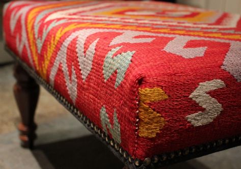 Upholstered Bench Diy, Covered Ottoman, Sofa Workshop, Kilim Bench, Kilim Ottoman, Ottoman Furniture, Fabric Bed Frame, Turkish Ottoman, Handmade Ottomans