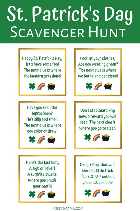 St. Patrick's Day Scavenger Hunt Leprechaun Scavenger Hunt, Leprechaun Hunt, Old Irish Blessing, St Patricks Crafts, Scavenger Hunt Clues, St Patricks Day Crafts For Kids, St Patrick Day Activities, Scavenger Hunt For Kids, St Patrick's Day Crafts