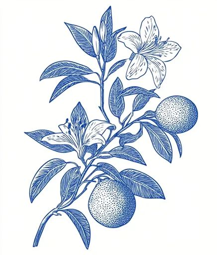 ↑↑↑ Larger size on website 🔸 A detailed blue line drawing of a citrus tree branch with two oranges and two lilies. The leaves are Blue Line Drawing, Citrus Tree, Citrus Trees, Tree Branch, Blue Line, The Flowers, Line Drawing, Tree Branches, Tatting