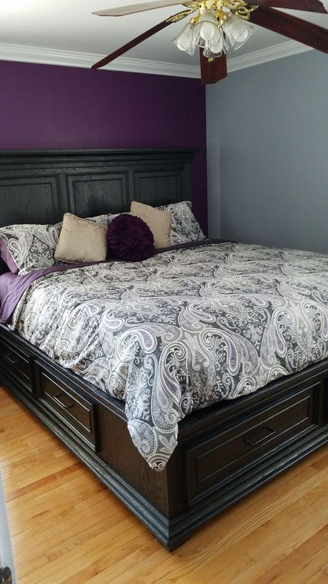 Accent Wall Purple Bedroom, Dark Purple And Gray Bedroom, Sherwin Williams Kimono Violet, Kimono Violet Sherwin Williams, Violet Room Ideas, Plum Bedroom Walls, Violet Bedroom Walls, Room Decor Ideas Purple, Room Aesthetic Purple