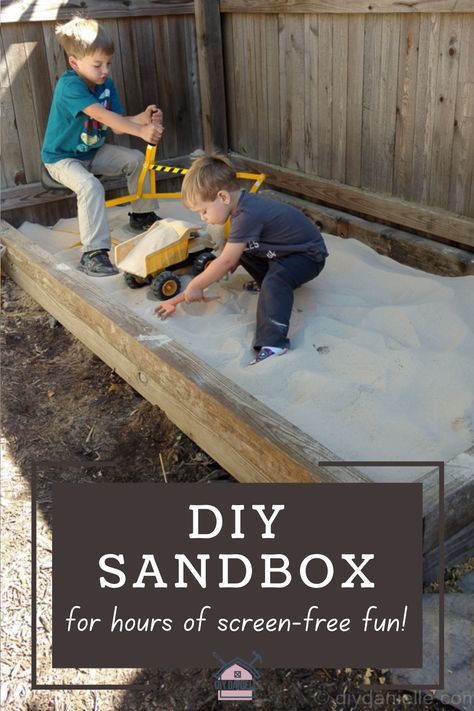 DIY Sandbox for hours of screen-free fun! Photo of two young boys playing in a wide sandbox with a digger toy. A privacy fence borders the sandbox on two sides. Diy Sandbox For Kids, Diy Kids Sandbox Ideas, Diy Sand Box For Kids, Diy Sandbox, Kids Sandbox, Landscape Timbers, Outdoor Play Area, Rock Climbing Wall, Woodworking Skills