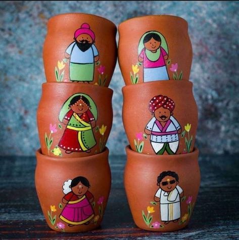 Pot Painting Indian Art, Kullad Chai Cups Painting, Kullad Painting Ideas Diy, Clay Pot Painting Ideas Indian, Matka Decoration Pots Painting, Kulhad Painting Ideas, Pot Designs Painted Indian, Pot Painting Ideas Creative Indian, Kulhad Painting