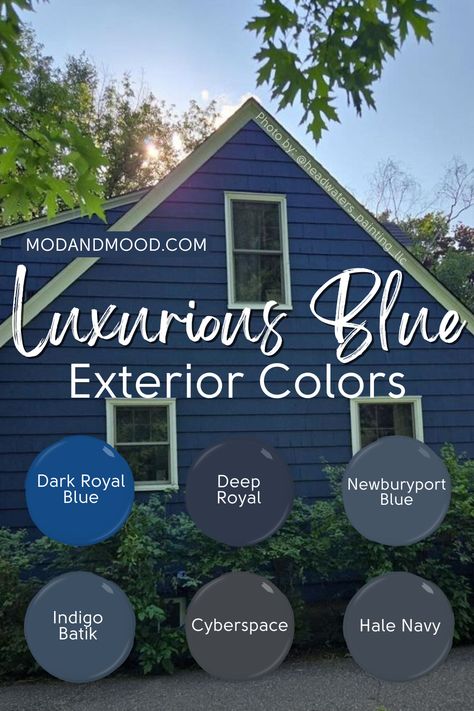 blue and navy exterior paint colors Blustery Blue Sherwin Williams, Houses Painted Blue Exterior, Blue Exterior House Colors With Stone, Blue And White Exterior House Colors, Sw Still Water Exterior, Navy Blue And Brick House Exterior, Bm Exterior Paint Colors For House, Indigo House Exterior, Navy Blue Houses Exterior