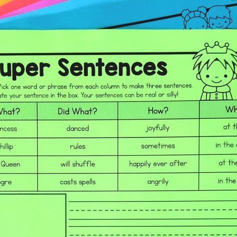 Emily Garcia | Education to the Core on Instagram: "YOU ASKED, WE CREATED!!! 

A full pack of Super Sentences has just been added to Premium!! 🥳

These are perfect for working on sentence structure! Students will pick a word or phrase from each column to create a sentence, then illustrate.

Comment SUPER for the Premium link! 😀" Super Sentences, Emily Garcia, Sentence Activities, Silly Sentences, Sentence Structure, A Sentence, March 4, A Word, Time Of The Year