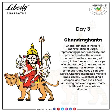 Chandraghanta is the third form of Goddess Parvati (Durga). Her name Chandra-Ghanta, means "one who has a half-moon shaped like a bell. Her third eye is always opened and she is always ready for war against demons" Day 3 Navratri Goddess Images, Navaratri Day 3 Chandraghanta, Chandra Ghanta Maa, Navratri Day 3 Chandraghanta, Day 3 Navratri, Chandraghanta Devi, Dark Academia Poems, Navratri Quotes, Cairo Festival