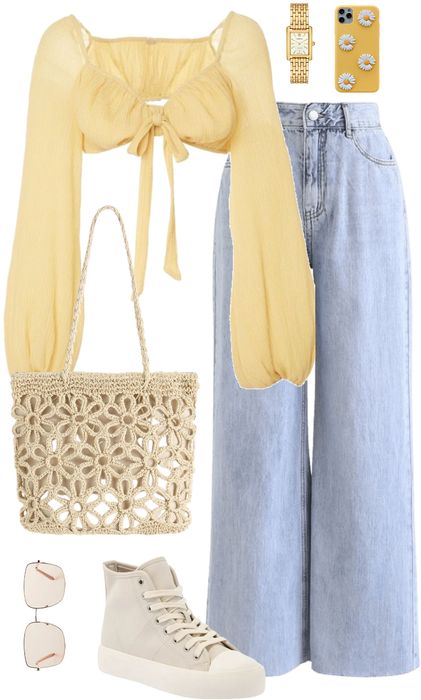 yellow blue Outfit | ShopLook Pastel Blue And Yellow Outfit, Blue White Yellow Outfit, Light Yellow Outfit Aesthetic, Light Yellow Outfit Ideas, Light Blue And Yellow Outfit, Light Coloured Outfits, Sunshine Outfit Aesthetic, Light Colours Outfit, Cute Yellow Outfits Aesthetic