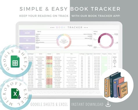 Reading Tracker, Ultimate Book Tracker Template, Track Your Reading, Reading Log, Book Journal, Google Sheets and Excel Spreadsheet by TrackerPro on Etsy Reading Journal Spreads, Book Tracker Template, Book Tracker, Tracker Template, Easy Books, Book Log, Reading Tracker, Personal Library, Gift Certificate Template