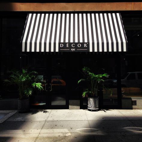 Black And White Awning, Stripe Awning, French Branding, Black Building, Fabric Awning, Bubble Tea Shop, Shop Facade, Industrial Restaurant, Storefront Design