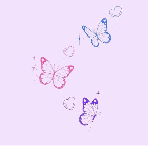 Kawaii Butterfly Tattoo, Butterflies With Sparkles Tattoo, Butterfly With Sparkles Tattoo Design, Butterfly Sparkle Tattoo, Butterfly With Sparkles Tattoo, Butterfly Stars Tattoo, Sparkle Tattoo Ideas, Colorful Butterfly Drawing, Purple Ribbon Tattoos