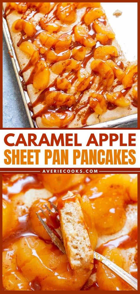 Your family will request this simple apple recipe again and again! Ready in 10 minutes, this breakfast idea is great for weekday mornings. Topped with apple pie filling and caramel, these easy sheet pan pancakes are irresistible fall food! Holiday Brunch Recipes, Sheet Pan Pancakes, Bread French Toast, Pan Pancakes, Easy Tasty Recipes, French Toast Muffins, Baked Donut Recipes, Waffles Easy, Weekday Breakfast