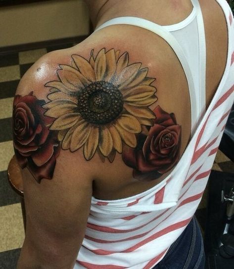 Sunflower Rose And Butterfly Tattoo, Sunflower Roses Butterfly Tattoo, Shoulder Tattoos For Women Sunflower, Sunflower Tattoos For Women, Sunflower Shoulder Tattoo Black Women, Sunflower Tattoo Black, Sunflowers Roses And Butterflies Tattoo, Sunflower Tattoo Ideas, Sunflower Tattoo Meaning