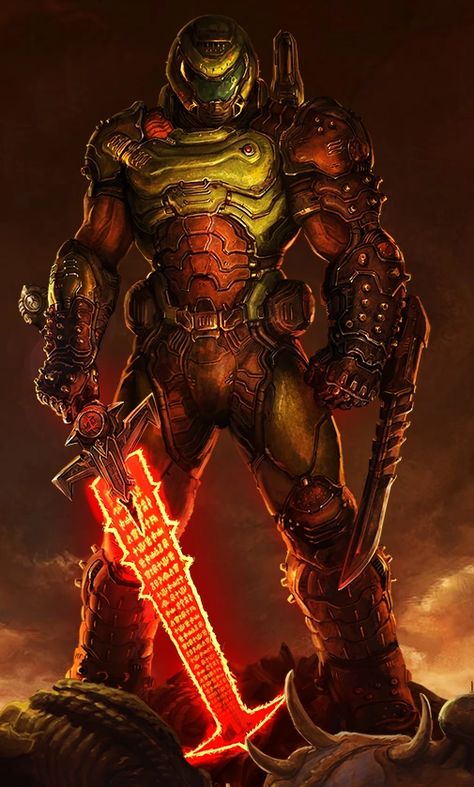 The Doom Slayer, also known as Space Marine, Doom Marine, or Doomguy, is a legendary demon slayer and a former a member of the United States Space Marine Corps famous for saving Earth and from demonic forces. As a soldier, the Doomguy refused to open fire on innocent civilians and eventually came to blows with his superior officer over the command. This act of insubordination lead to his reassignment to serving on a base on Mars, in what was believed to be a punishingly boring and secluded post. Sif Dark Souls, Doom Videogame, Doom Game, Trending Pins, Save Earth, Space Marine, Video Game Art, Game Art, Character Art