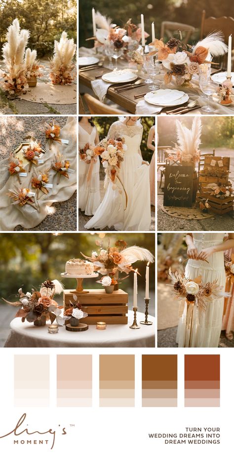 Wedding Interior Decoration, Asian Wedding Color Palette, Boho Glam Wedding Color Palette, Copper And Taupe Wedding, Rustic Beige Wedding Theme, Rustic Elegance Wedding Decor, Rustic Boho Wedding Theme, Golden Hour Wedding Palette, Neutral Wedding Color Palette Colour Schemes