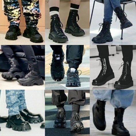 Jungkook Stompers, Jungkook Sneakers, Jungkook Boots, Kpop Boots, Jungkook Shoes, Balenciaga Shoes Mens, Childhood Memories Aesthetic, Kpop Fashion Men, Guy Fits