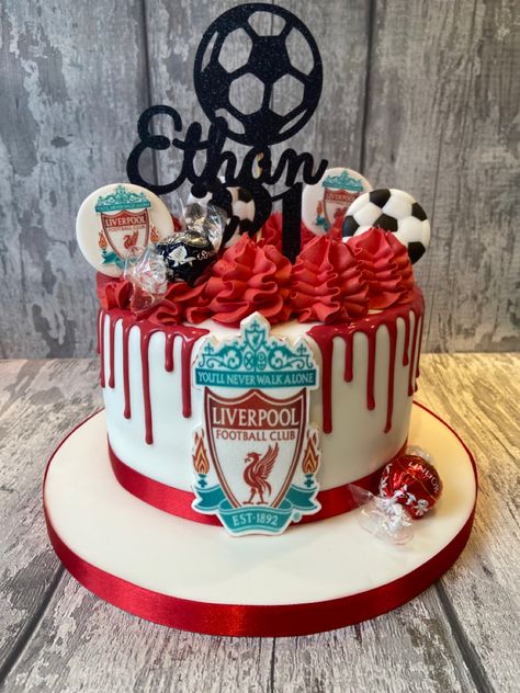 Lfc Birthday Cake, Liverpool Cake Design, Liverpool Cake Ideas Birthday, December Cake, Lfc Cake, Liverpool Fc Cake, Liverpool Cake, Football Themed Cakes, Football Cakes