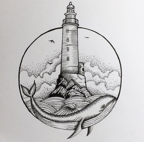 Lighthouse And Ship Tattoo, Animation Perspective, Paper Tattoo, Lighthouse Drawing, Drawing Wood, Dolphins Tattoo, Lighthouse Tattoo, Drawing Examples, Zen Doodle Art