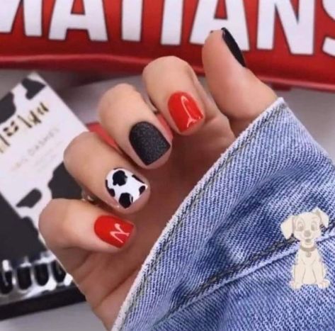 Pin by SOPHIE WIGENT on *love in 2022 | Rodeo nails, Country nails, Cow nails Country Festival Nails Design, Red And Black Cow Print Nails, Red Nails With Cow Print, Black Punchy Nails, Red And Black Western Nails, Western Red Nails, Western Valentine Nails, Farm Nails Designs, Short Cow Nails