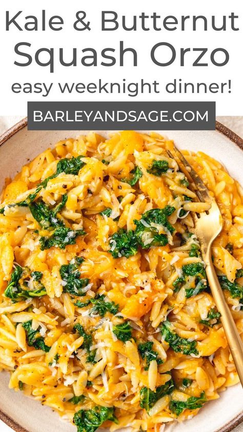 Kale Orzo, Butternut Squash Orzo, Squash Orzo, Butternut Squash And Kale, Butternut Squash Recipes Roasted, Cooking With White Wine, Butternut Squash Pasta, Baked Squash, Orzo Recipes