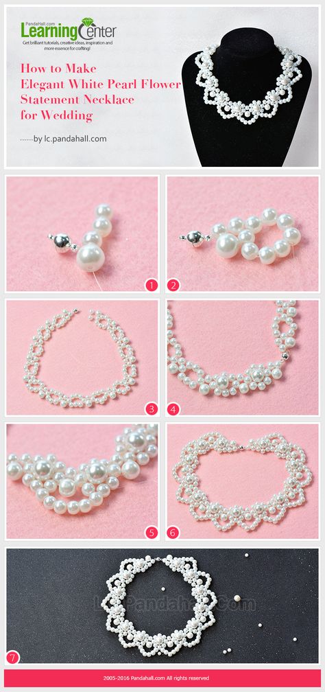 Tutorial on How to Make Elegant White Pearl Flower Statement Necklace for Wedding from LC.Pandahall.com   #pandahall Necklace For Wedding, Beaded Wedding Jewelry, Beaded Necklace Patterns, Flower Statement Necklace, Beaded Jewlery, Wedding Elegant, Necklace Patterns, Necklace Wedding, Necklace And Bracelet